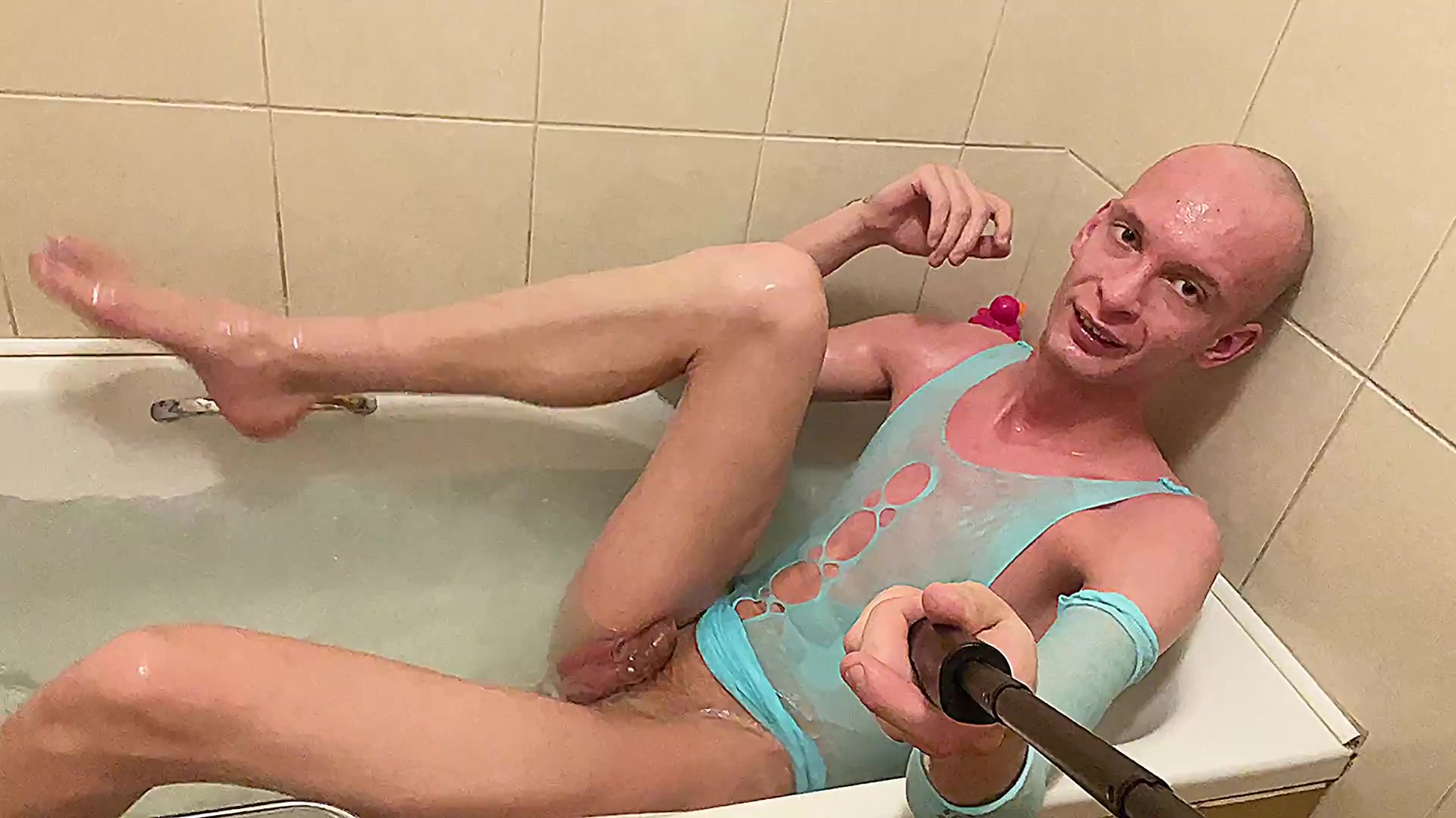 Fully Shaved Skinny Bald Femboy Takes Bath In Feminine Clothing