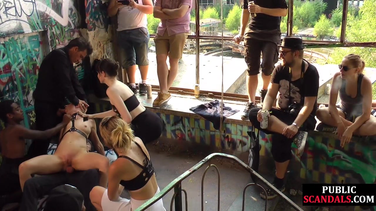 BDSM babe 3some anallydrilled and spanked by crowd in public