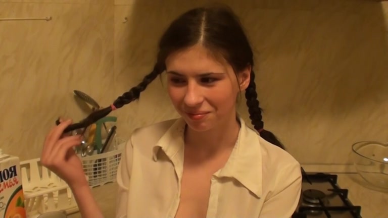 student 18+ with pigtails drilled in the arse in the kitchen