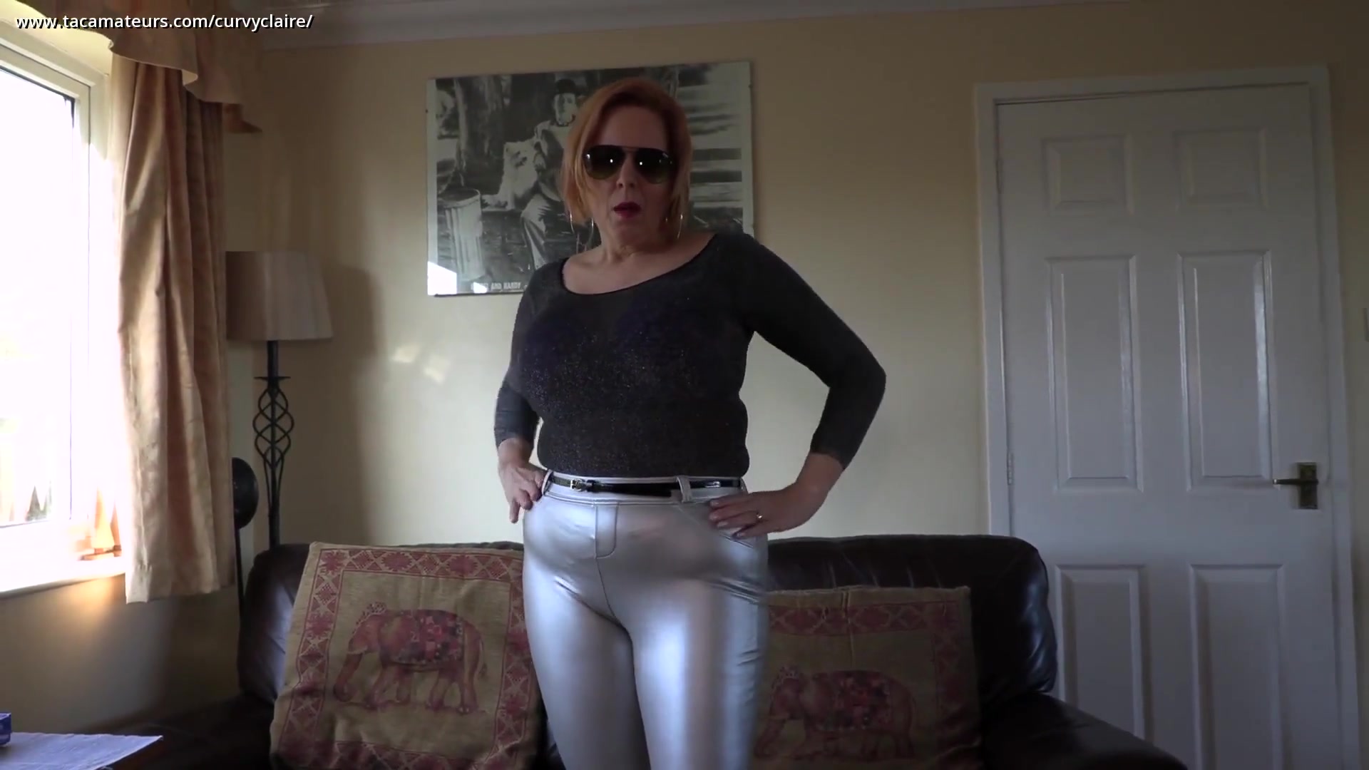 Stiletto Dangling In Shiny Silver Leggings Pt1 - CurvyClaire