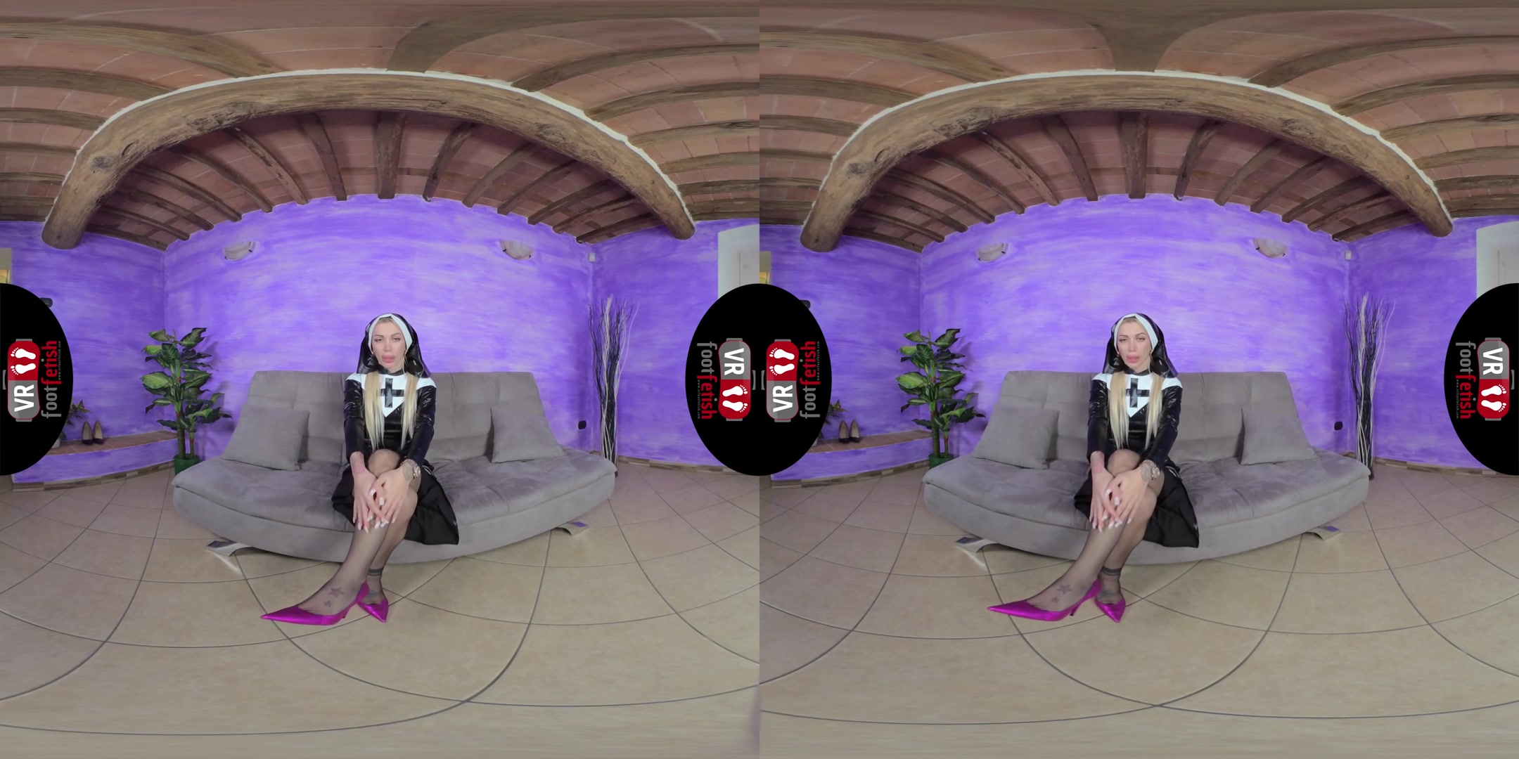 Naughty nun Elis Stimulates Her Pussy With A Purple Vibrator - VRFootFetish