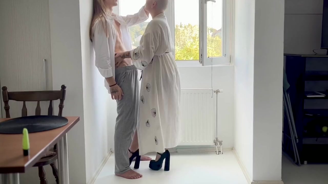 Standing Doggy With Long Haired Boy And Shaved Bald Head Girl - Wide Hips