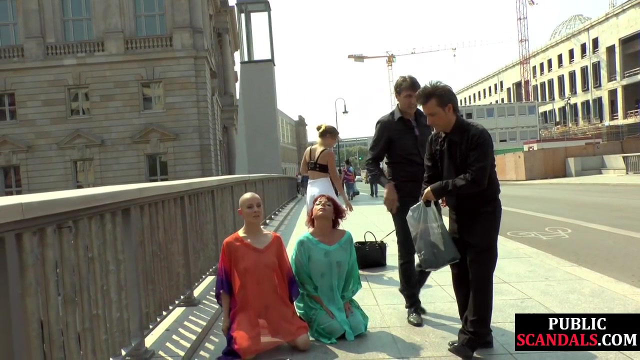 BDSM babe 3some anallydrilled and spanked by crowd in public