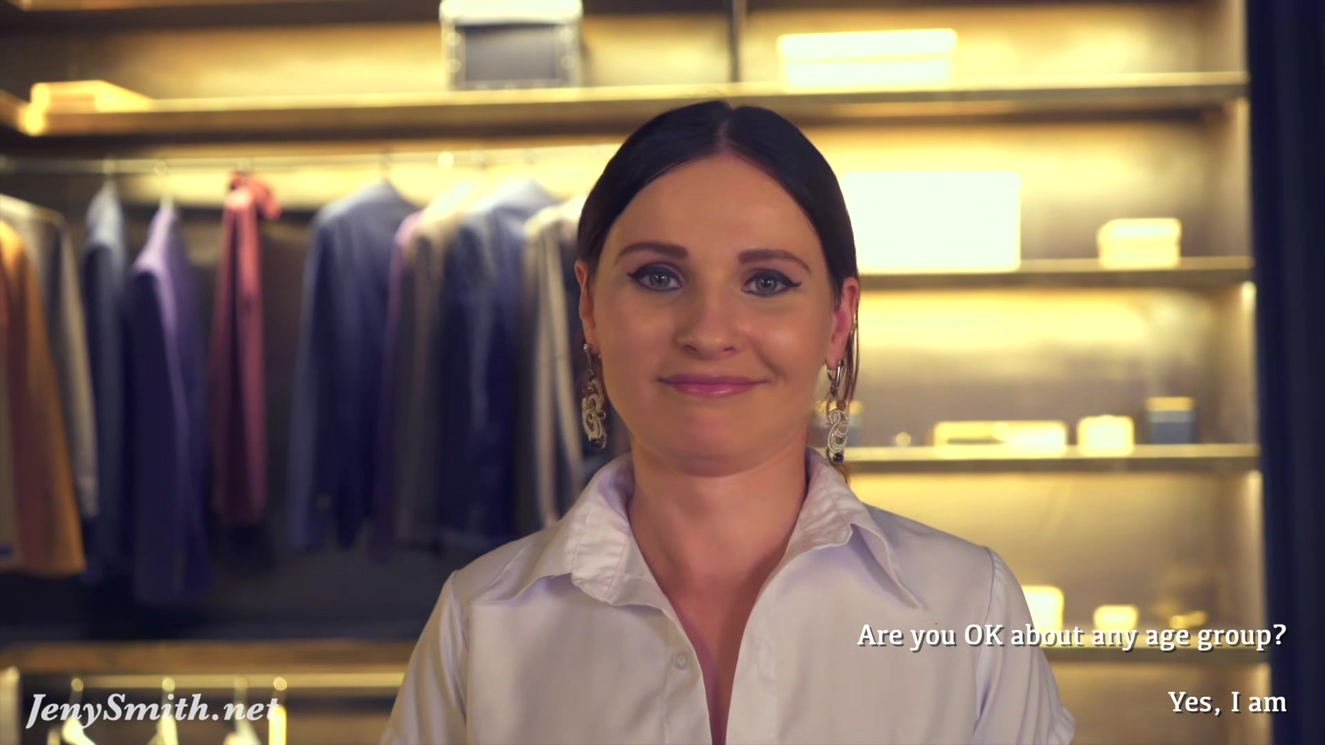 Close Friend. Jeny Smith teases a man in a clothing store