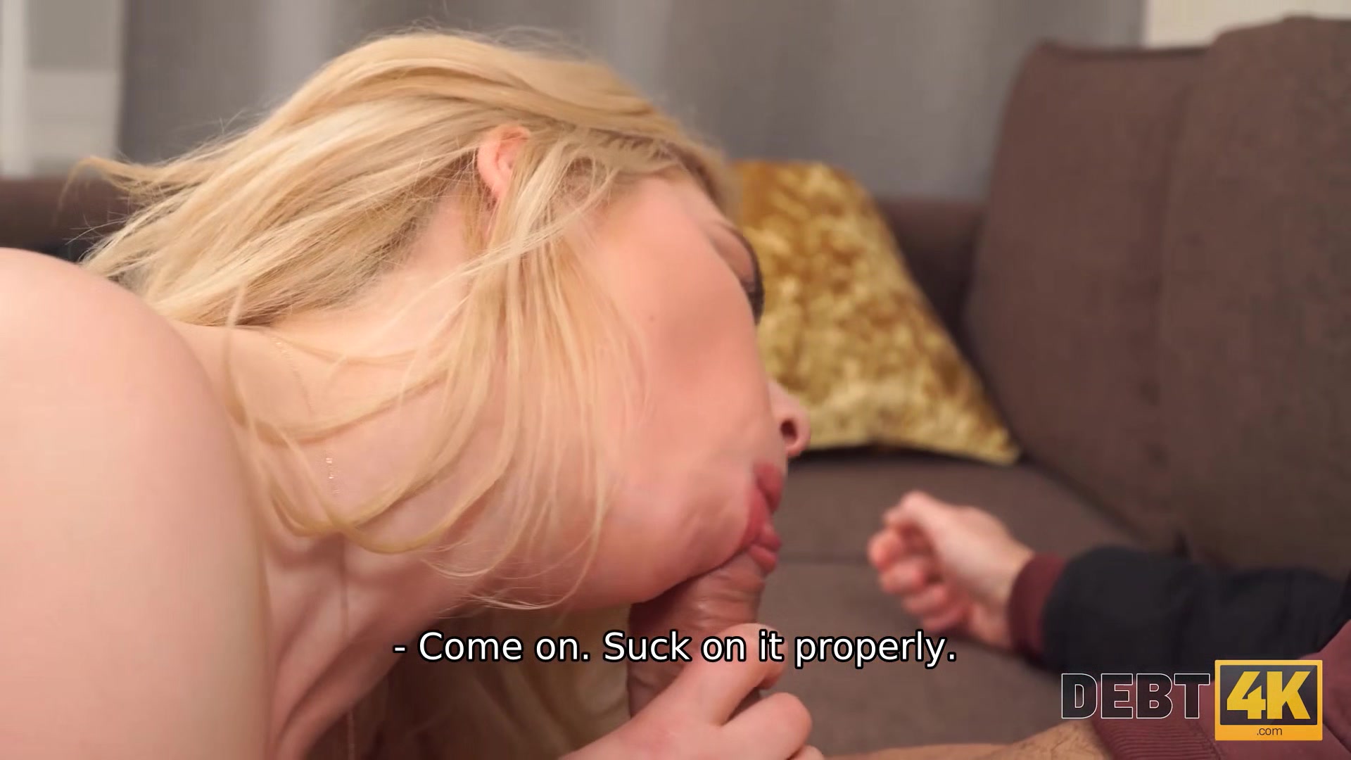 DEBT4k. Bimbo blonde dragged into an affair with perverted collector