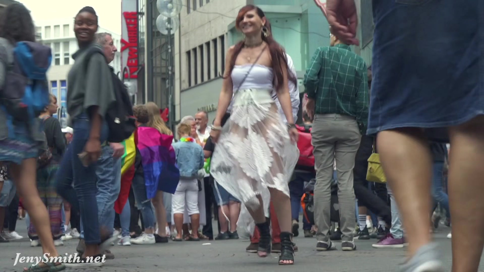 Jeny Smith walks in public in transparent dress without panties