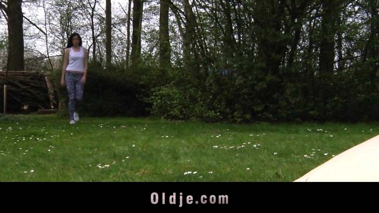 Young brunette fucks a nudist grandpa in the park