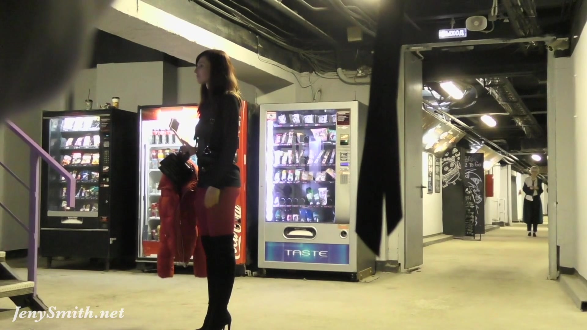 Red Tights. Jeny Smith public walking in tight red pantyhose (no panties)
