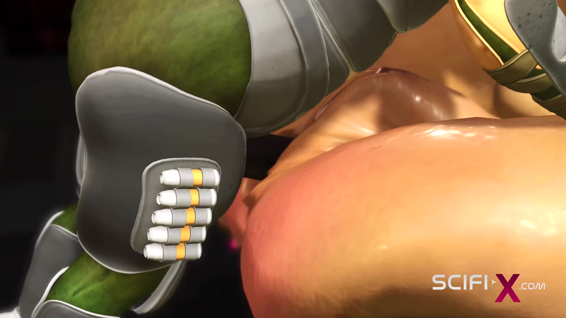 Green alien fucks hard a sexy cuffed girl in the sci-fi lab in a spacecraft