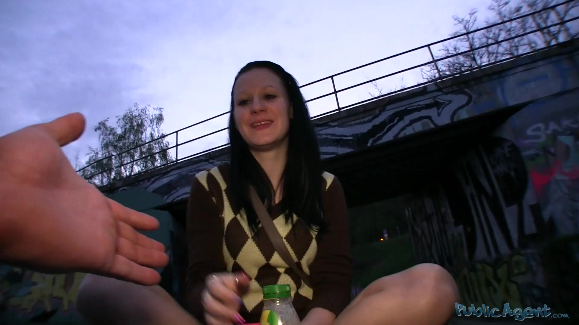 Young brunette amateur touched her pussy under the bridge