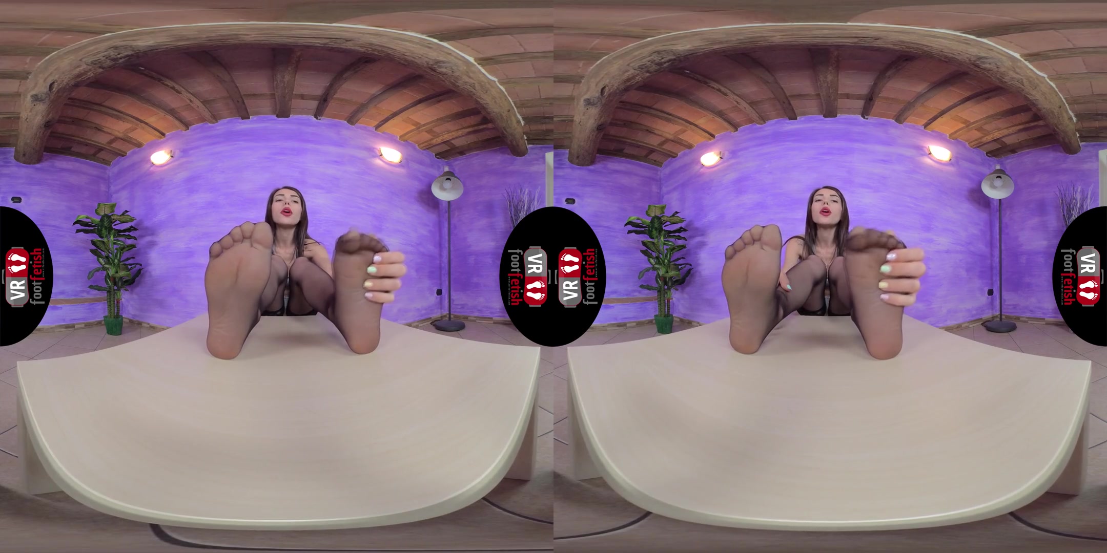 Sexy Brunette Petra Pours Some Oil On Her Nylon-Clad Feet; Foot Fetish VR Solo