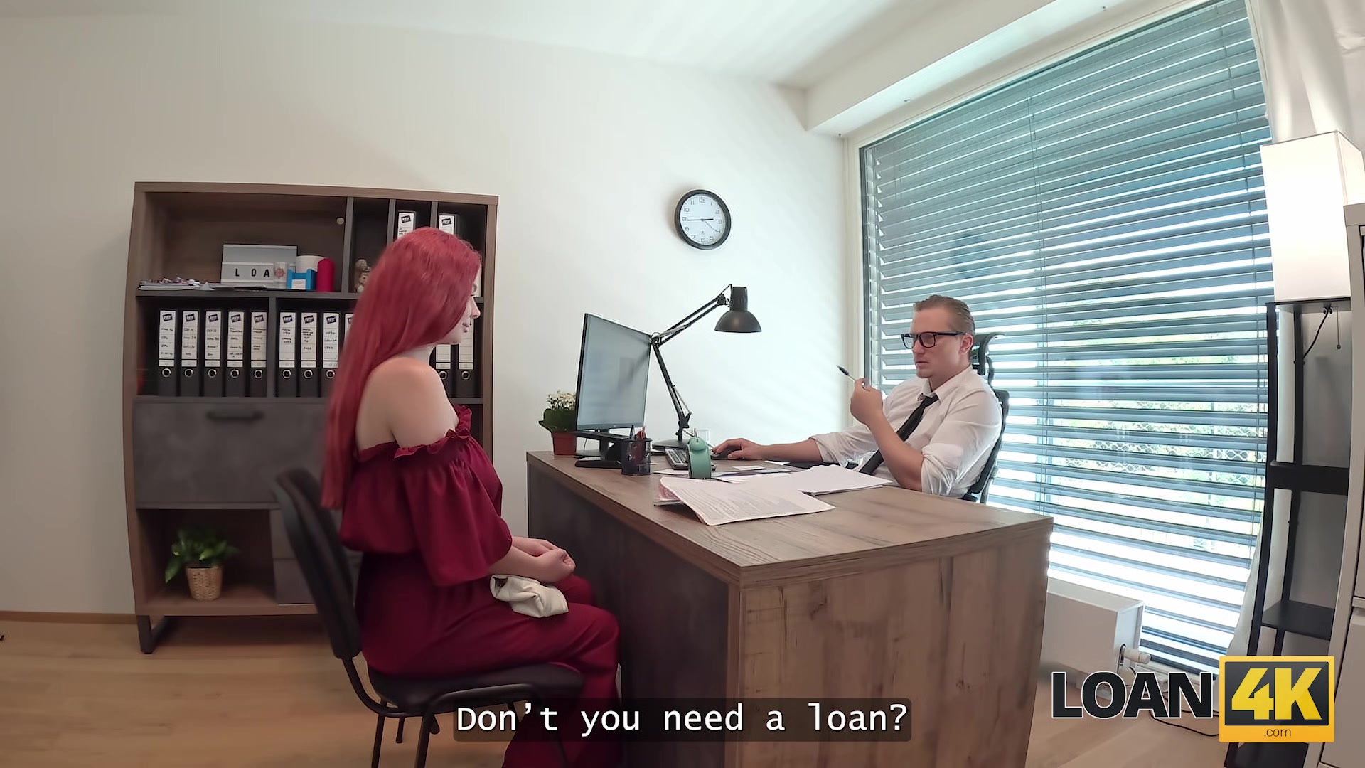 LOAN4K. Little redhead whore with big tits jumped on a dick in the office