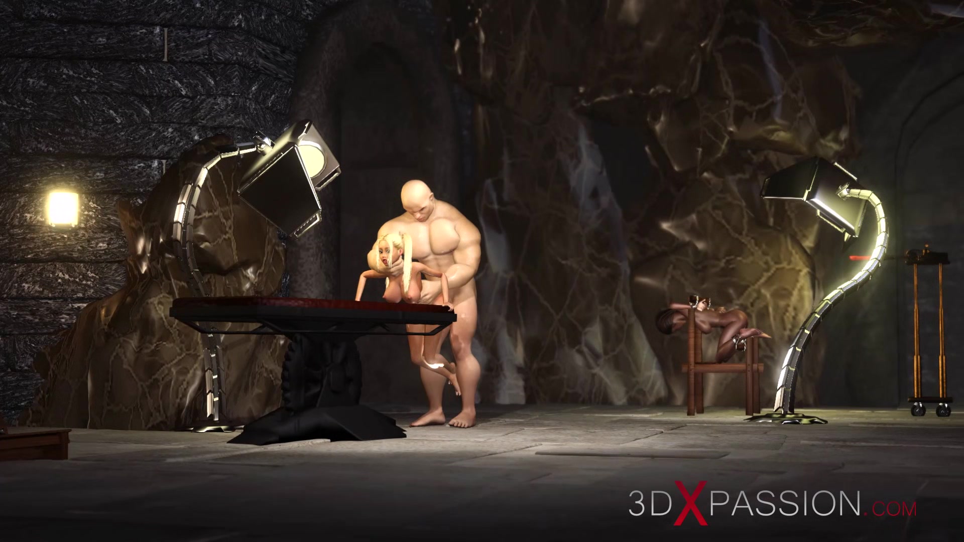 Big man plays with a young blonde in the dungeon