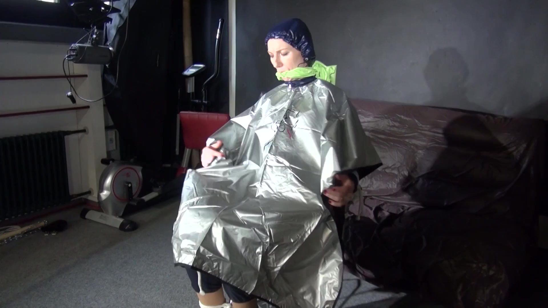 See Ronja Tied And Gagged On A Barber Chair In Shiny Nylon Rainwear And A Shiny Cape!