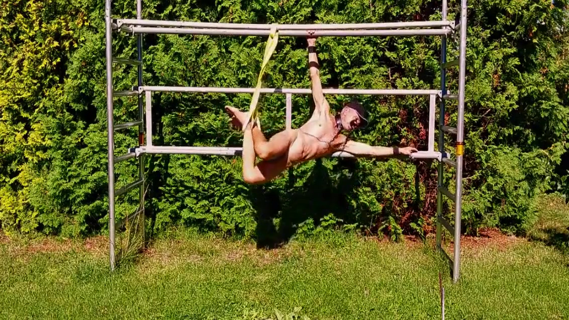 Uncut, Unmasked Slave Exposed Outdoor In Penis Cage Doing Fitness Tied Up Bdsm 4 Min With Solo Boy