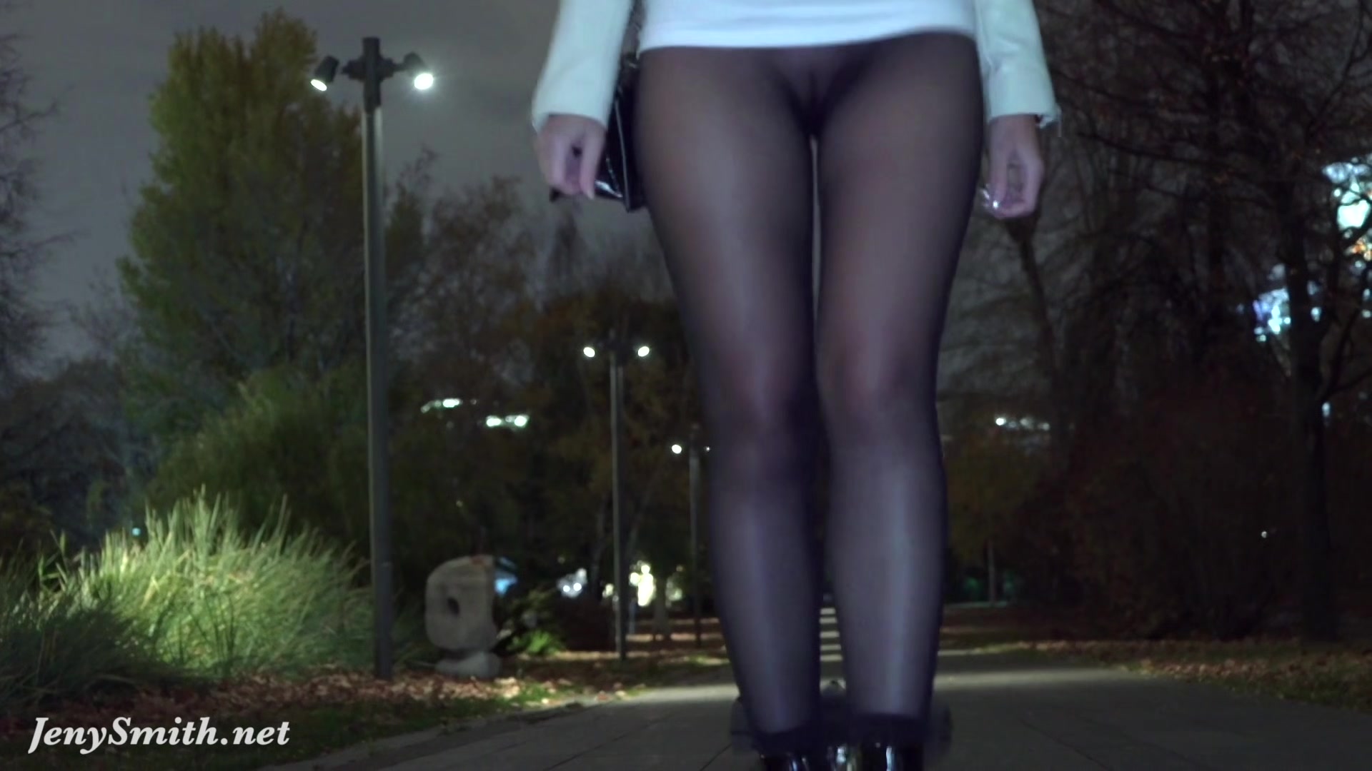 Deep Evening - Russian Jeny Smith walks in public in transparent pantyhose without panties.