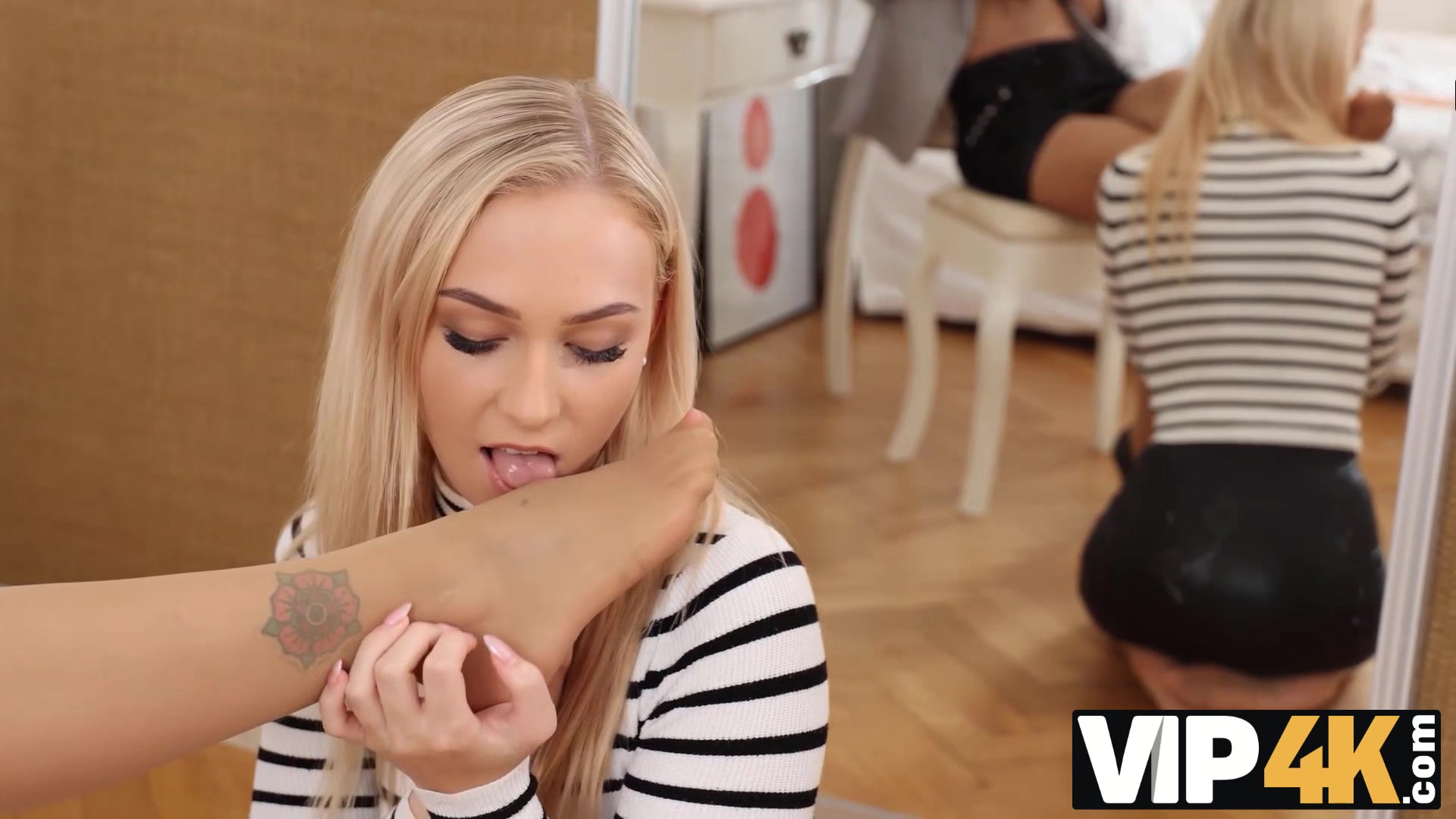 VIP4K. Sexy GFs in transparent pantyhose love to lick legs and pussies