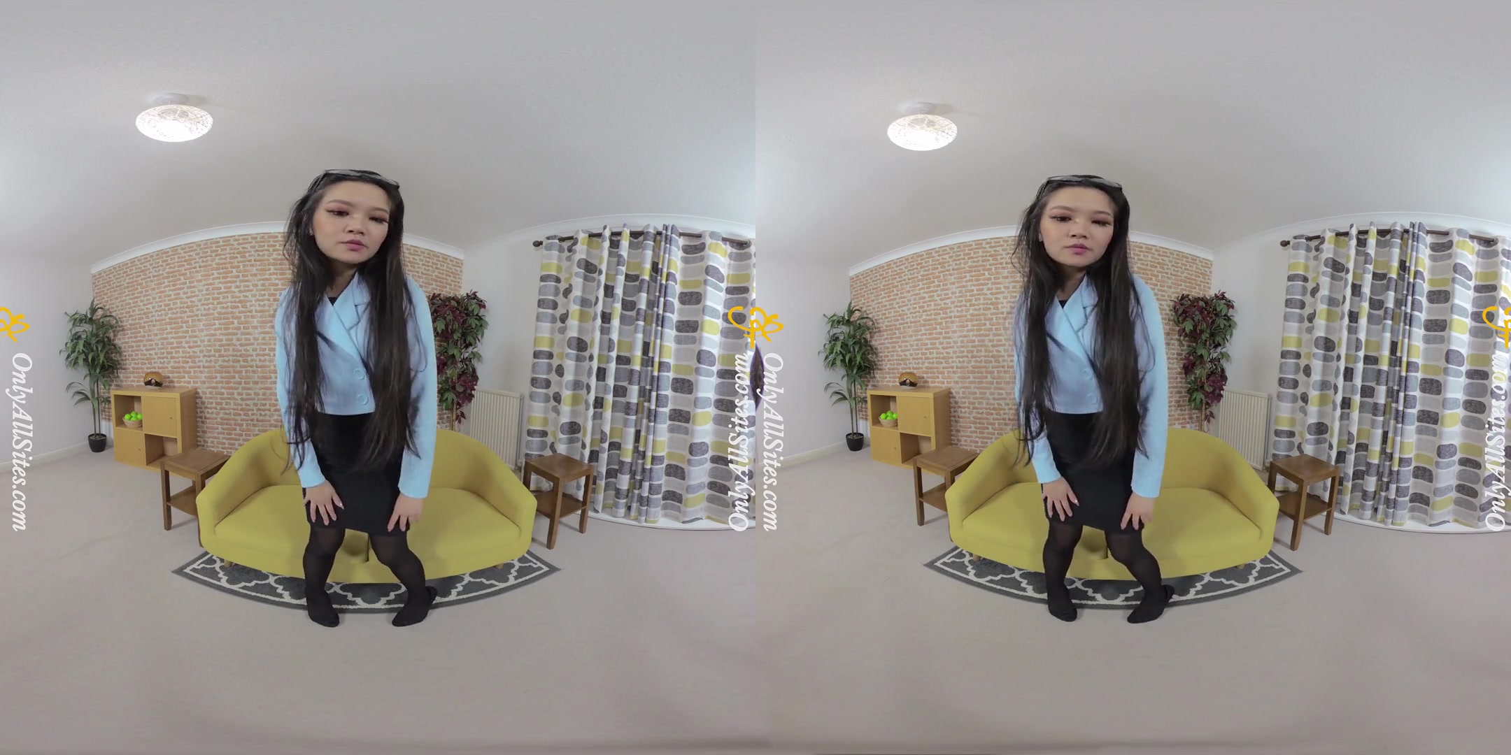 Louisa Lu - Blue Blazer; Hot Babe Stripping in Tights