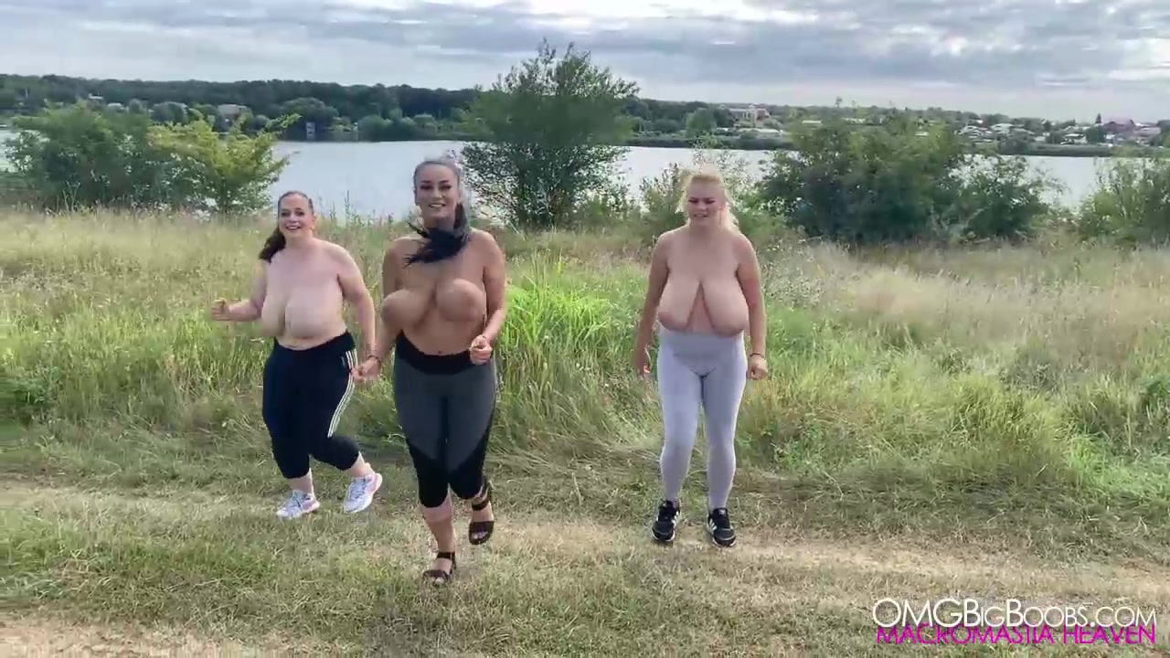 Helen Erin and Mia topless busty jogging