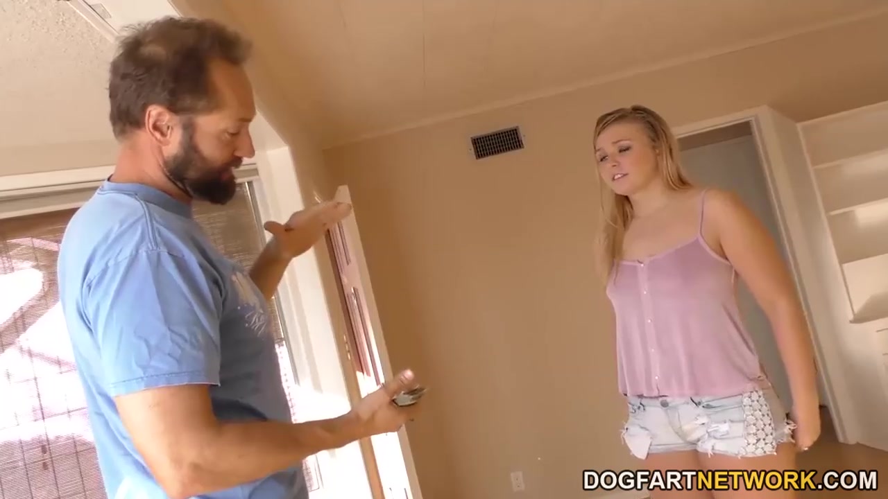 Small titted blonde Melissa May having fun with black dudes in front of her Step father