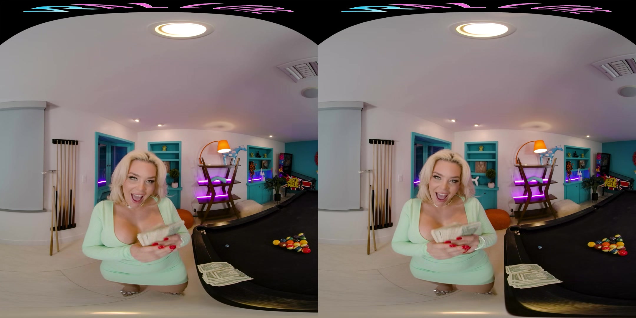 Seductive blonde with big boobs gives you a steamy show in VR