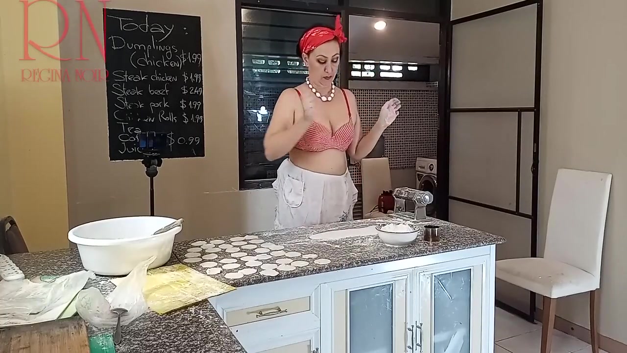 Regina Noir In Nudist Housekeeper Cooking At The Kitchen. Naked Maid Makes Dumplings. Naked Cooks. Bra 2