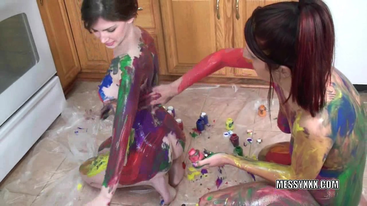 Tattooed redheads Indigo and Lavender receive erotic with paint
