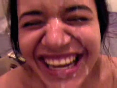 Latina woman jerked off so hard that her fucker cumed on her face