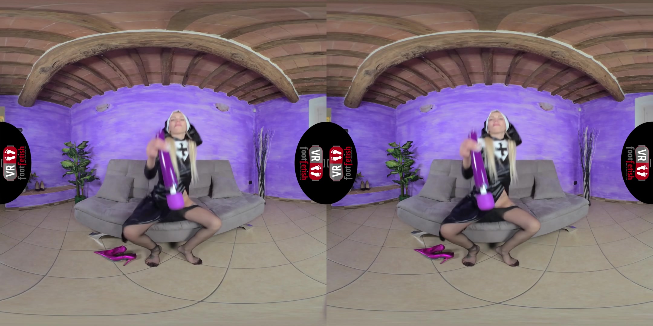Naughty nun Elis Stimulates Her Pussy With A Purple Vibrator - VRFootFetish