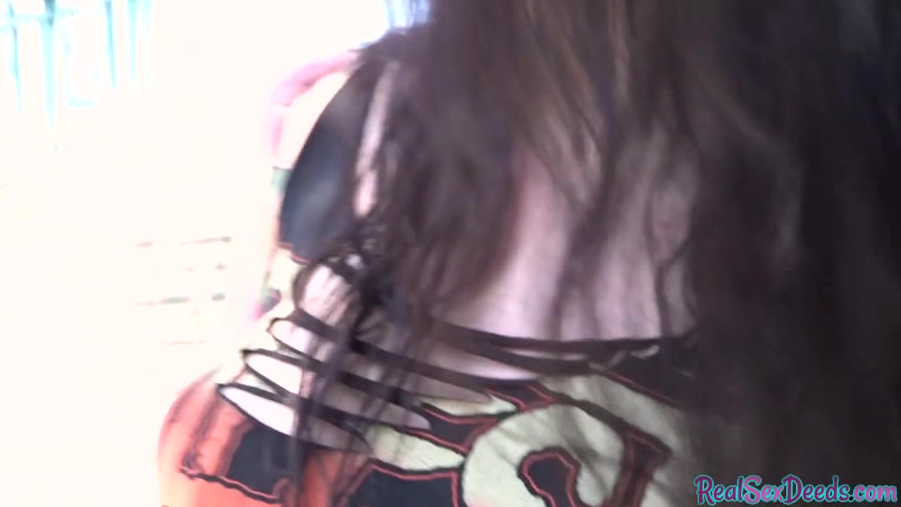 POV tattooed busty babe rides cock outdoor in public ***
