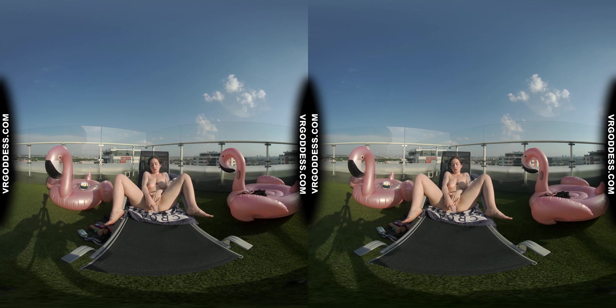 Big Boobed Tattoo Sammy Masturbating With A Dildo In The Sun On Private Penthouse Rooftop