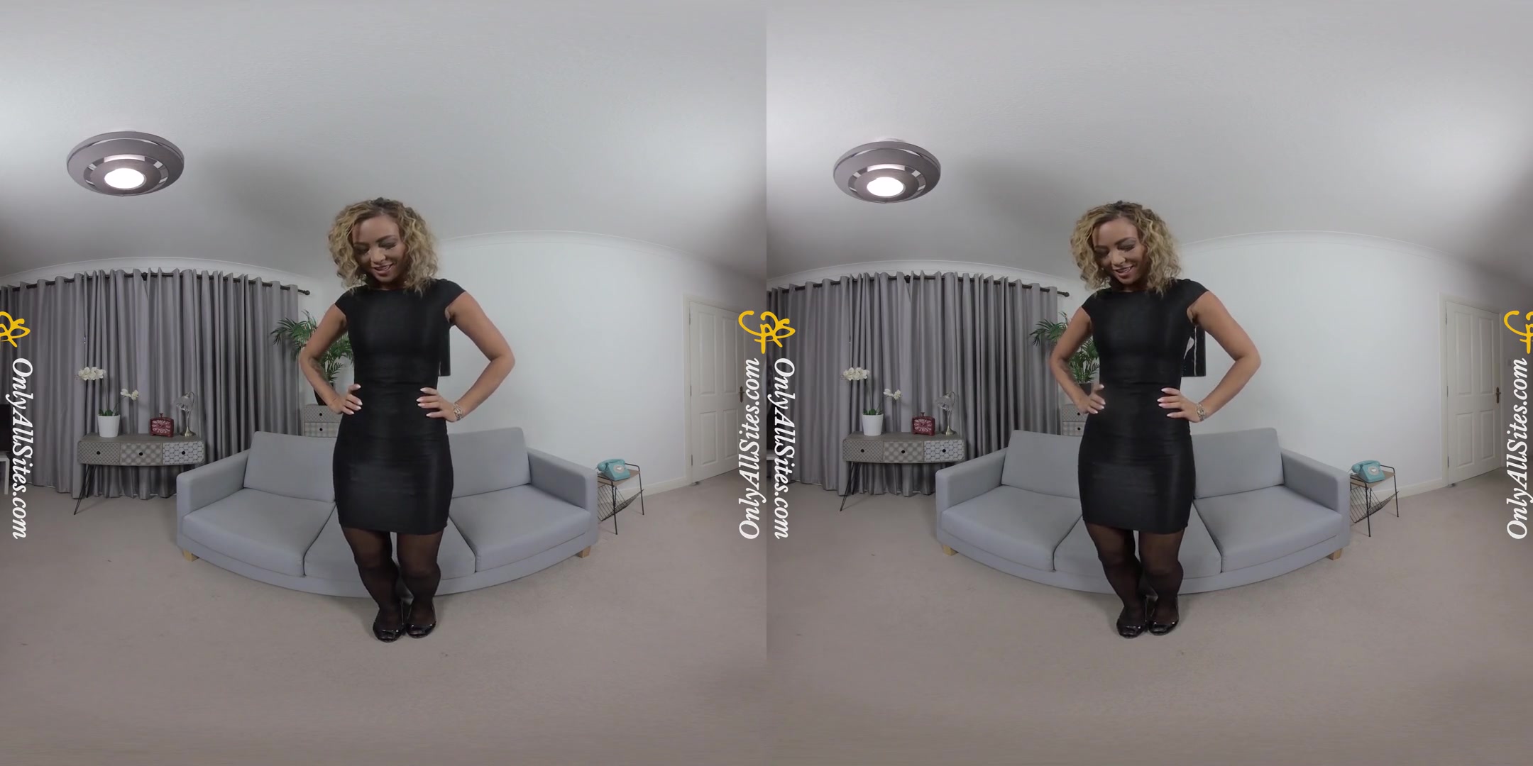 Natalia Forrest - Black Dress; British Babe in Black Stockings and Garter Belt Stripping