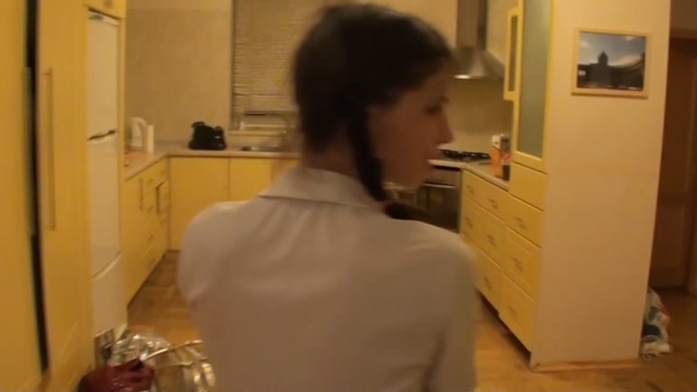 student 18+ with pigtails drilled in the arse in the kitchen