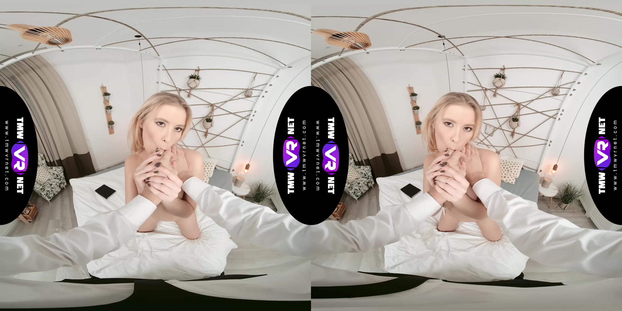 Glam blonde waits for dude in bed