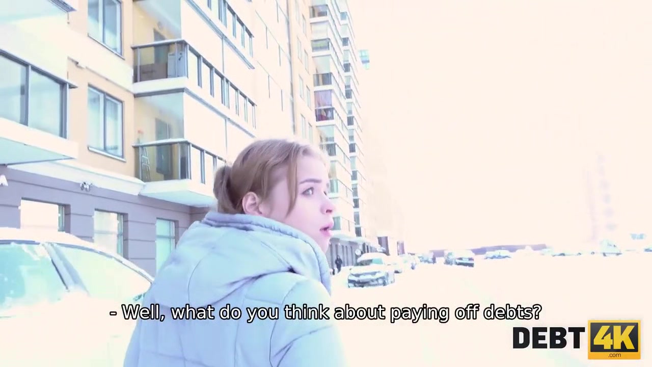 Debt4k. Nice lassie Calibri Angel glaldy sucks cock and spreads legs for debt collector