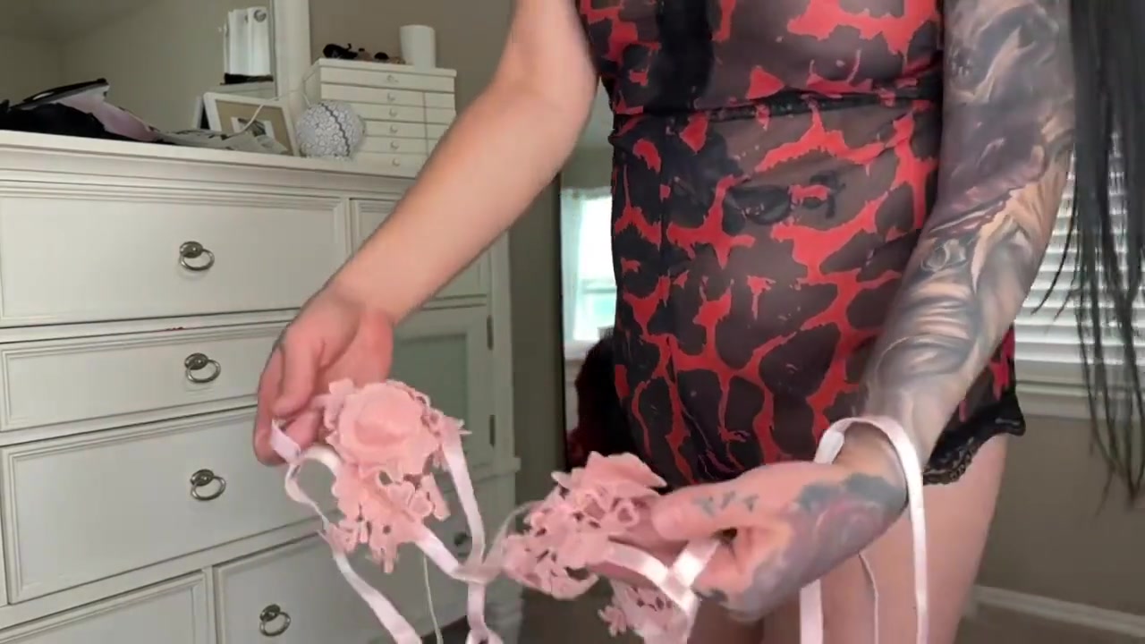 Tattooed Raven-haired Cougar Tries On See-through Lingerie