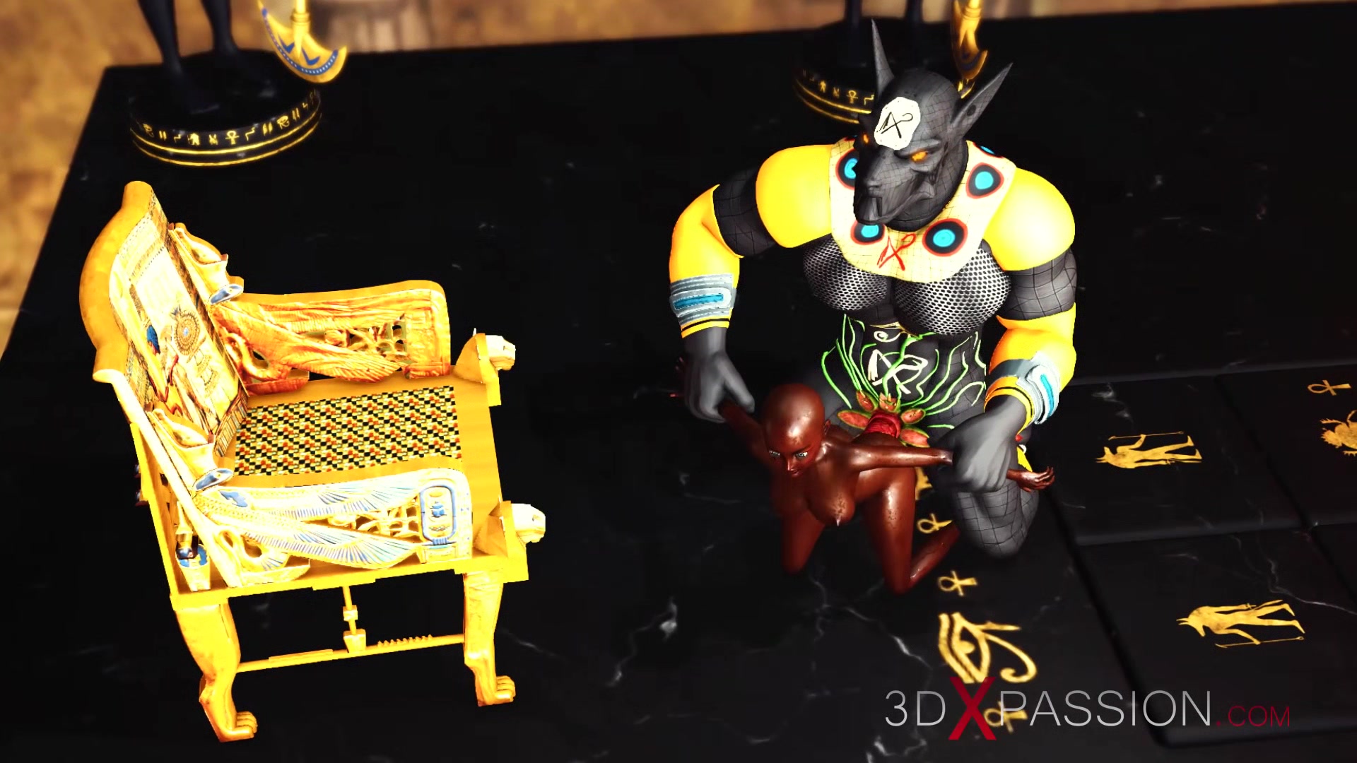 Ancient Egypt. Anubis plays with a hot black girl in the temple