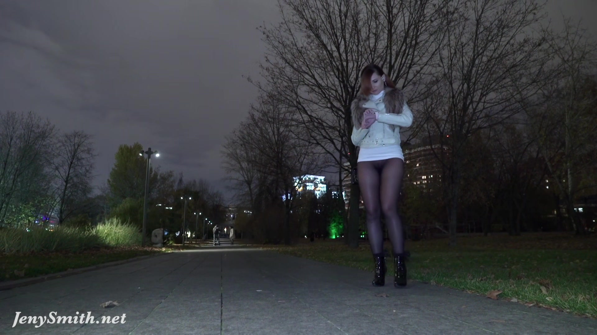 Jeny Smith walks in public in transparent tights without panties