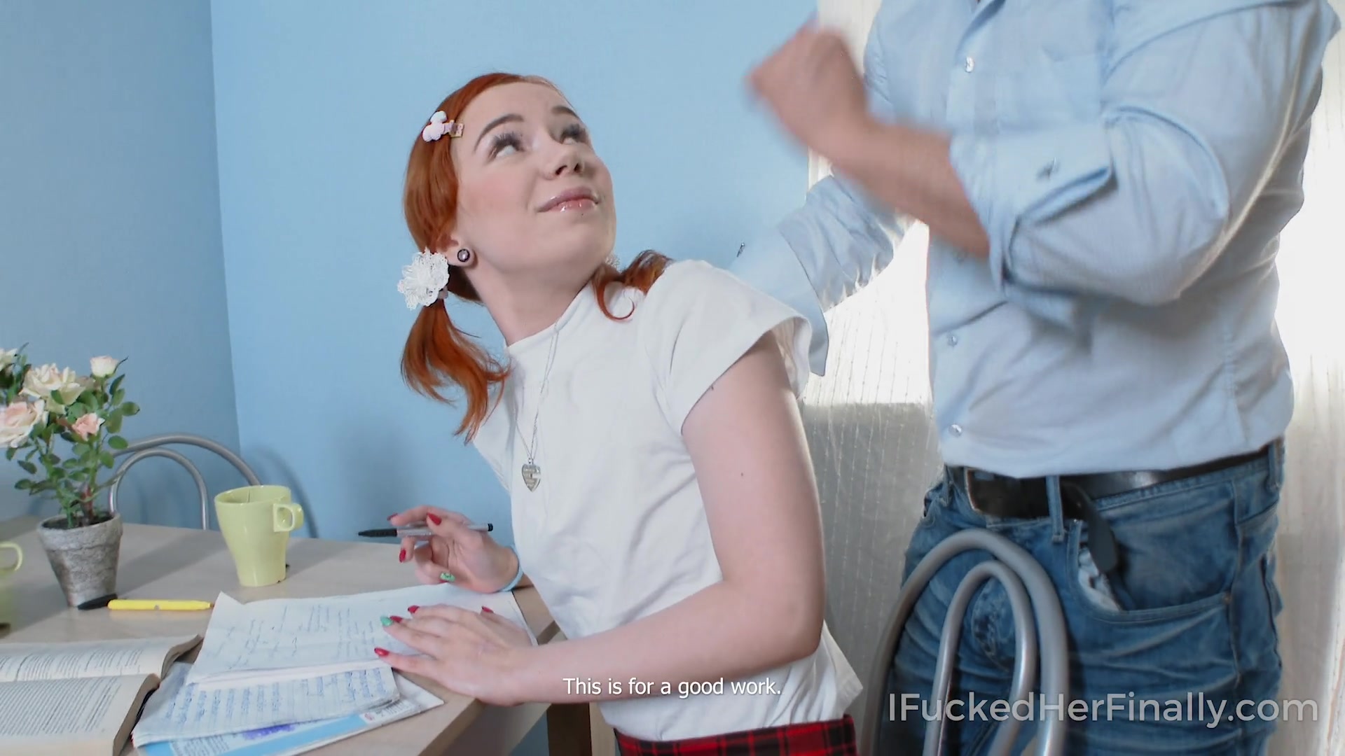 Sweet ginger cutie spends the whole day studying