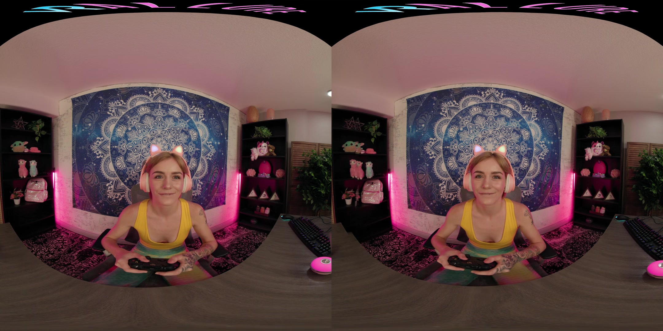 Gamer girl rides her big dildo in virtual reality