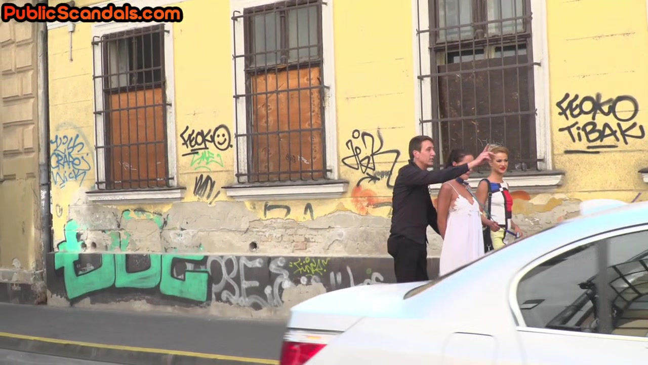 Sub public babe deepthroats and licks pussy in orgy