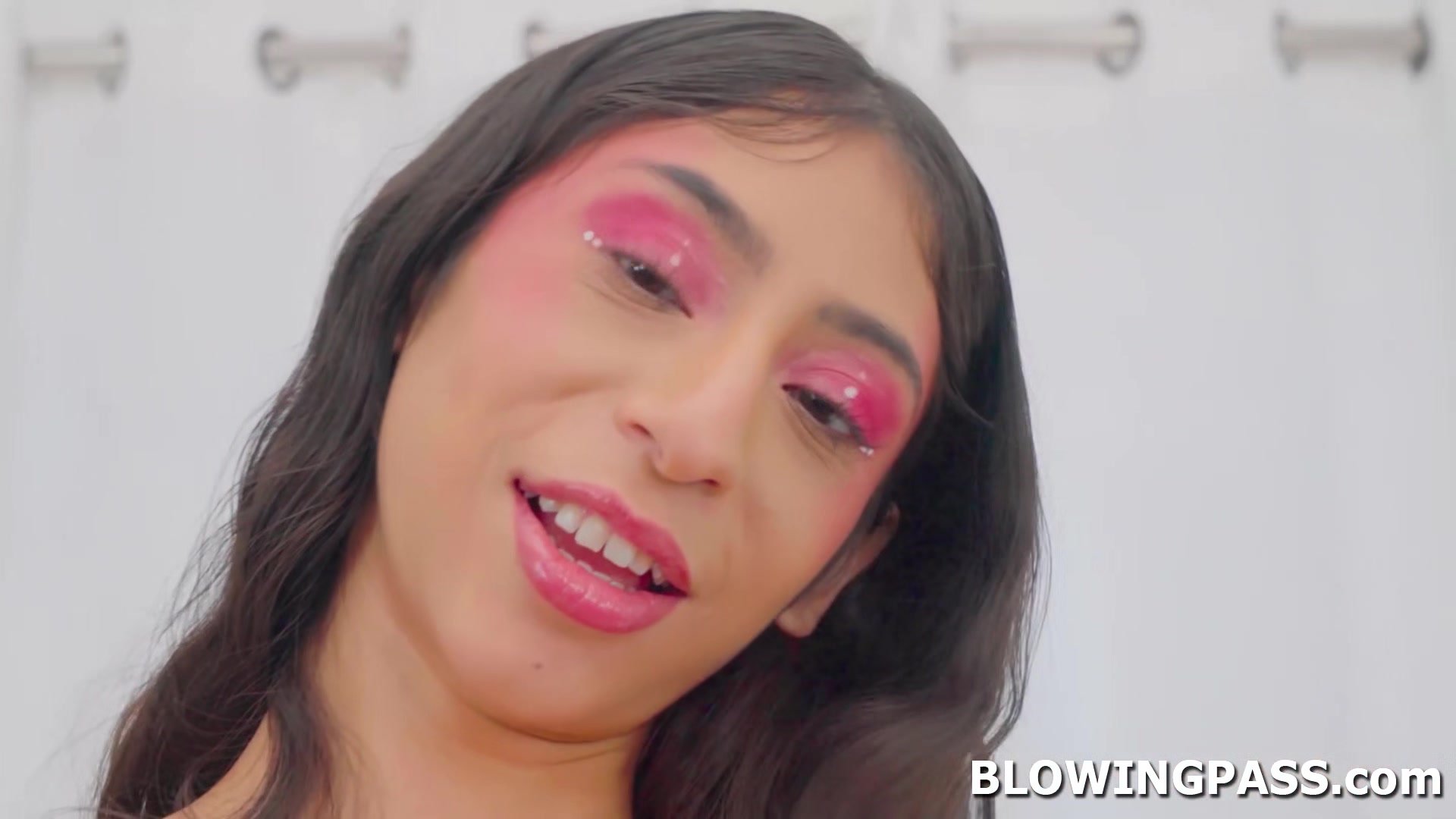 Small tits latina gags on cock after getting throated hard