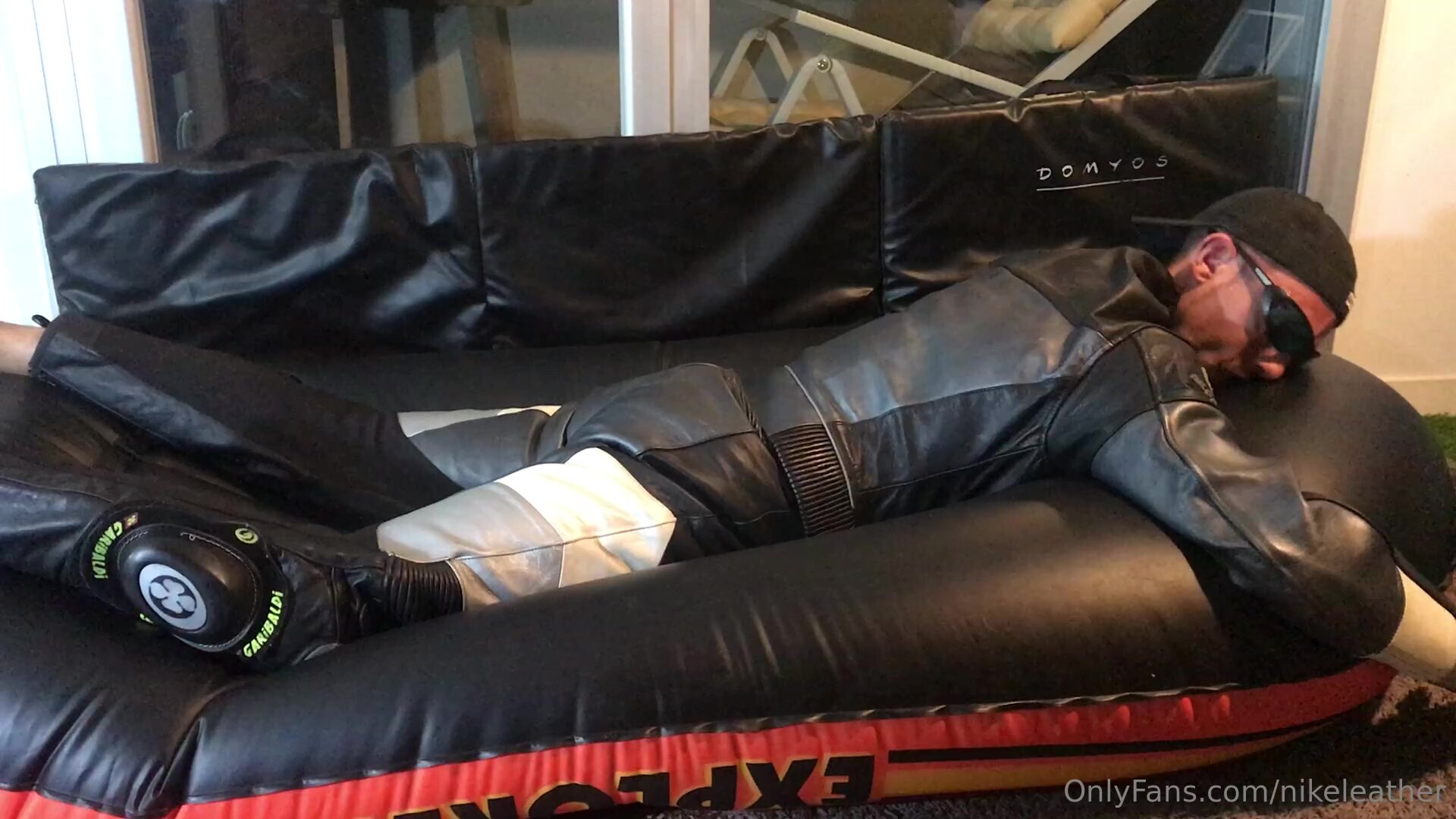 Biker humping in gear feet