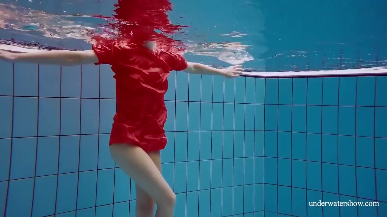 Red Long Dress And Big Tits Floating In The Pool