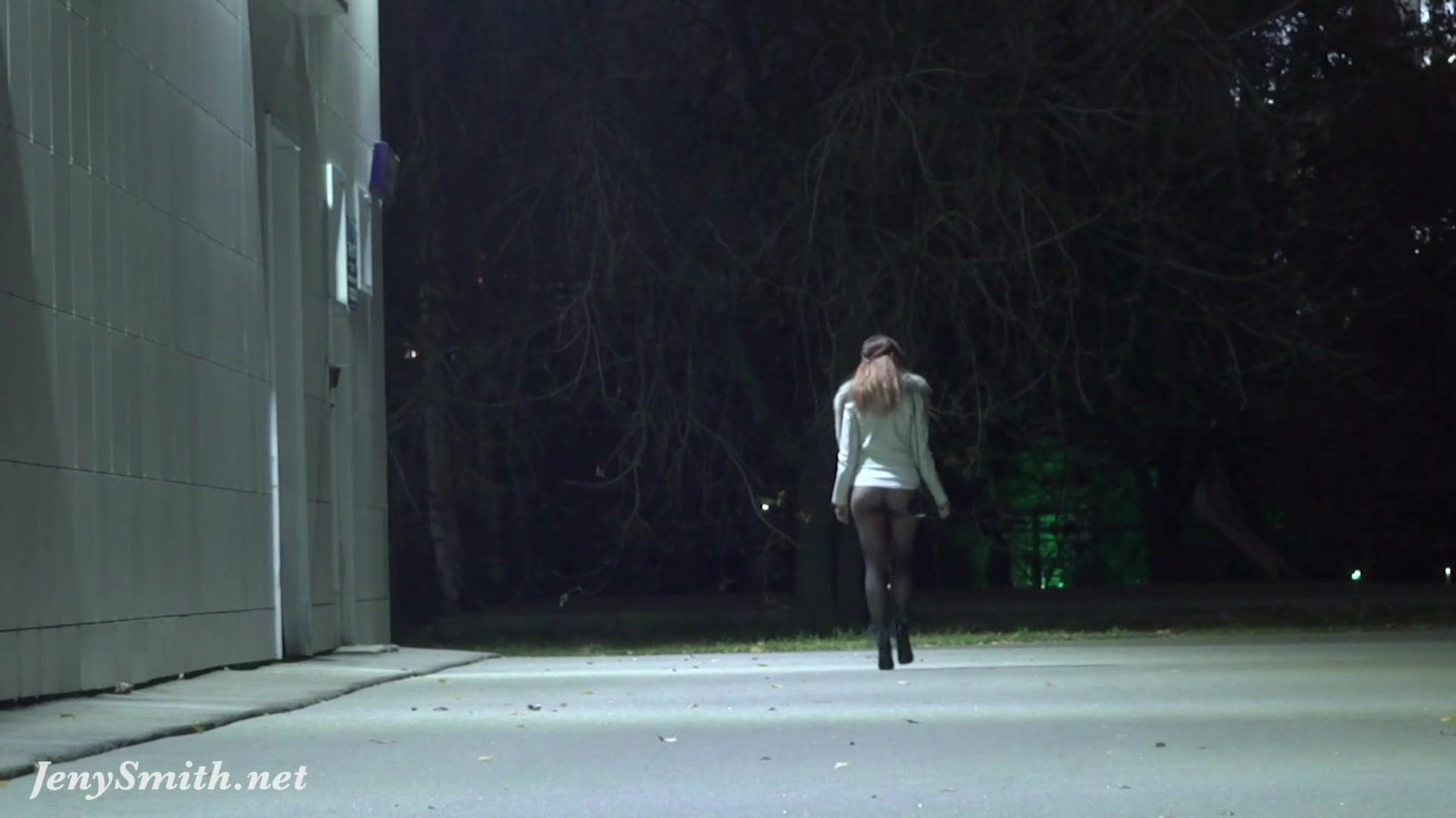 Deep Evening - Russian Jeny Smith walks in public in transparent pantyhose without panties.