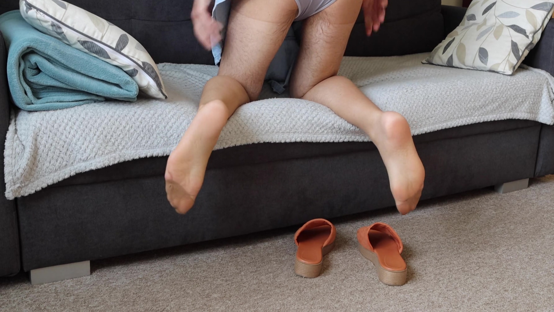 Sussanne Sexy Nylon Legs And Feet. Wearing Short Denim Dress Tan Pantyhose And Sexy Sandals