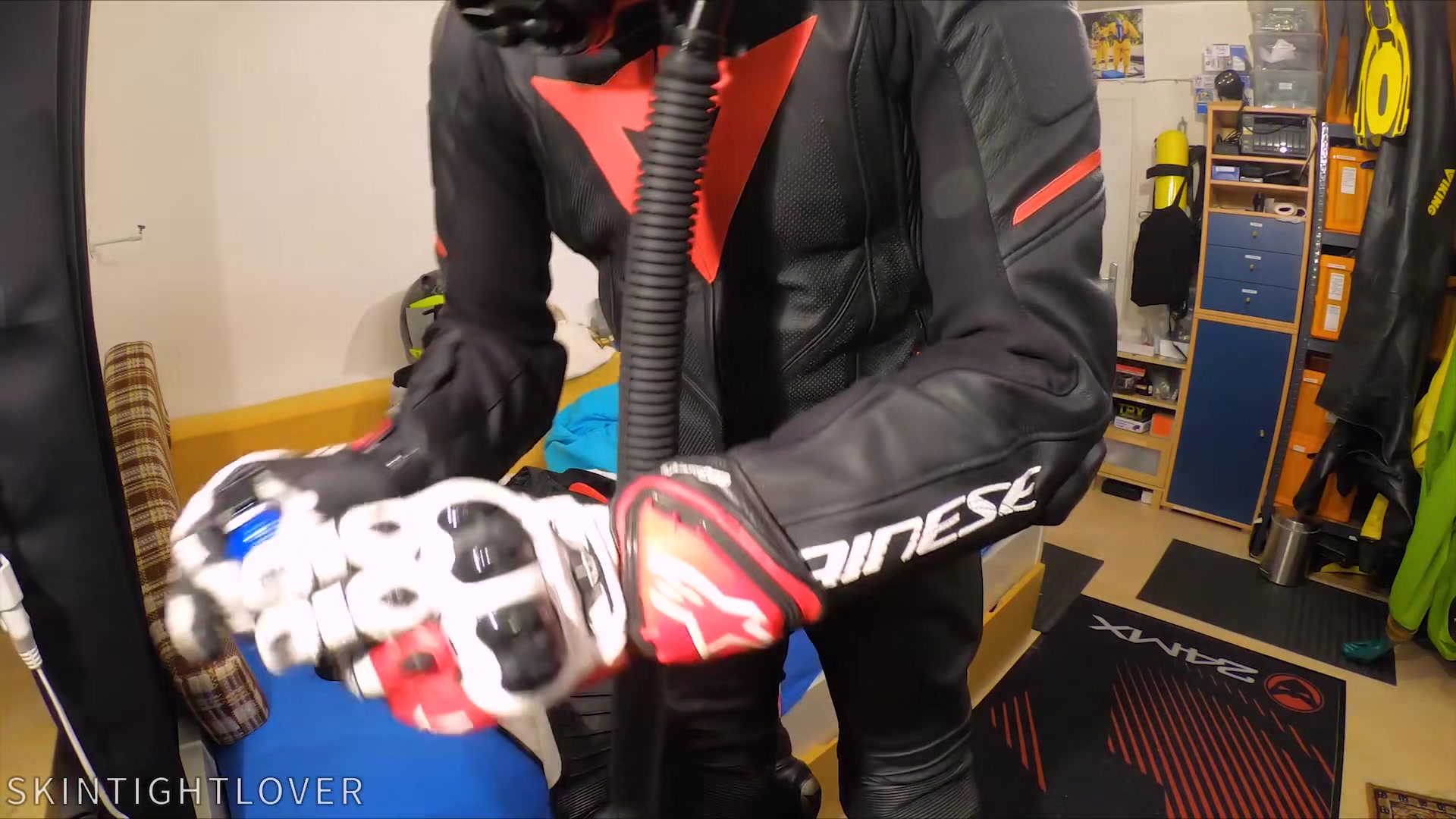 Wanking in biker suit cum