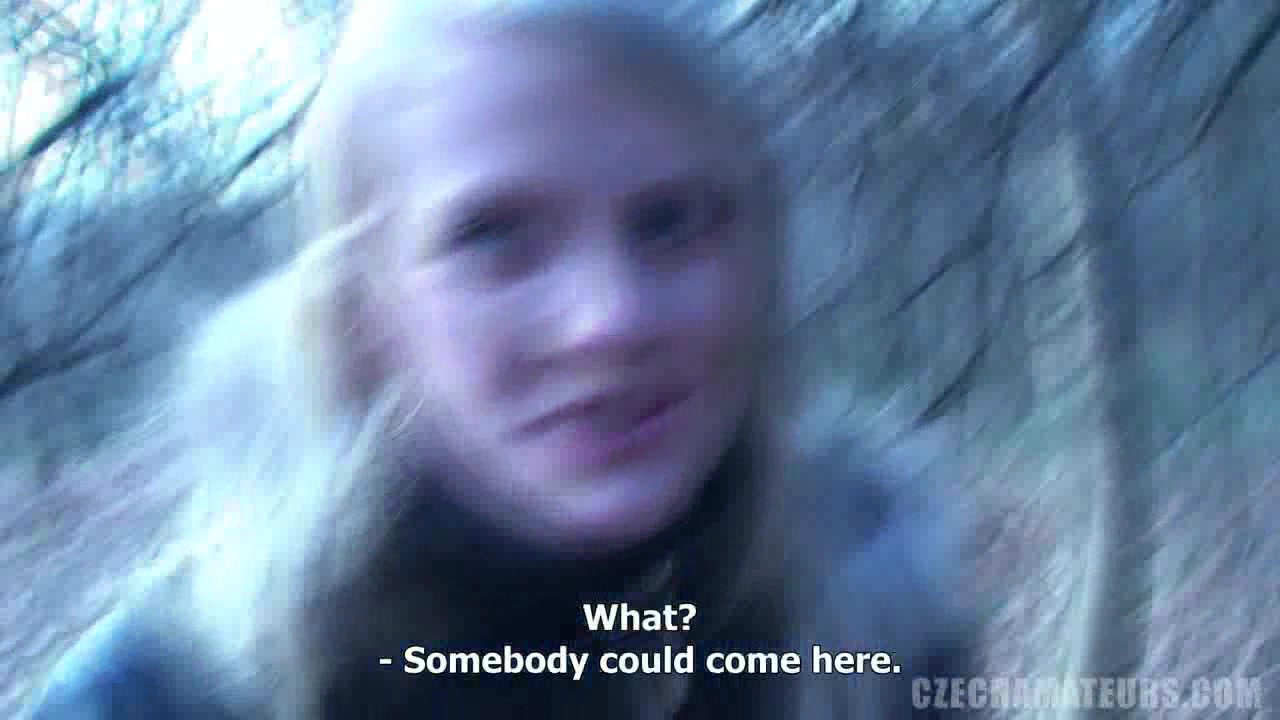 European naughty blonde with a big butt riding cock in woods