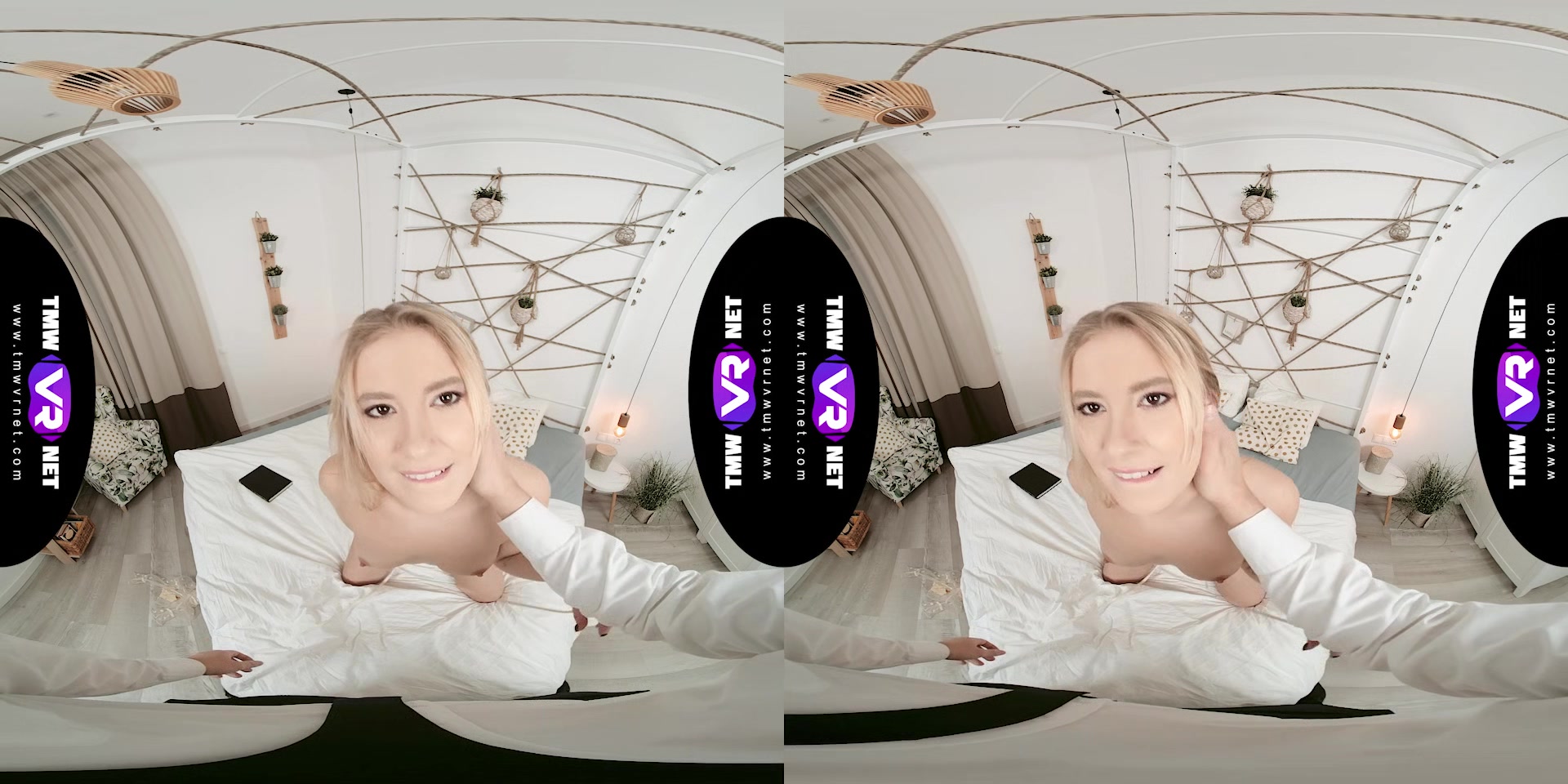 Glam blonde waits for dude in bed