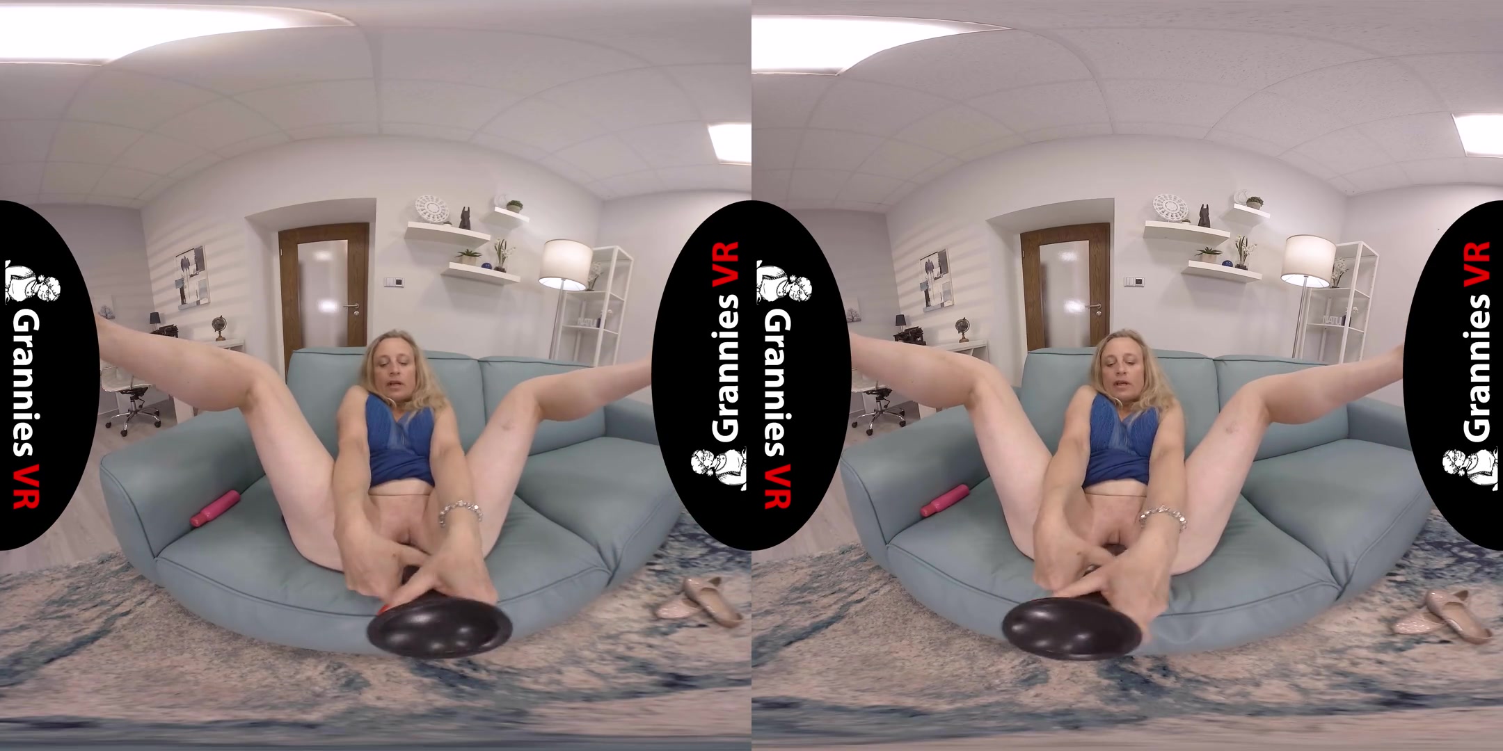 Andrea - Fucking Herself Big Black Dildo; Mature Blonde Masturbating on the Couch